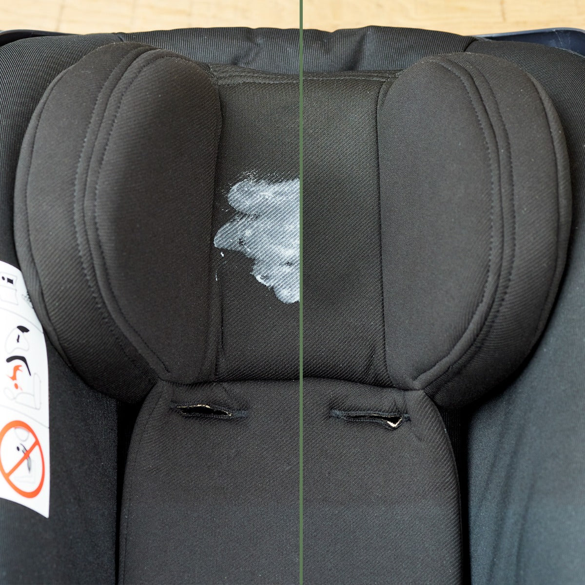 Car seat with spill and after cleaning