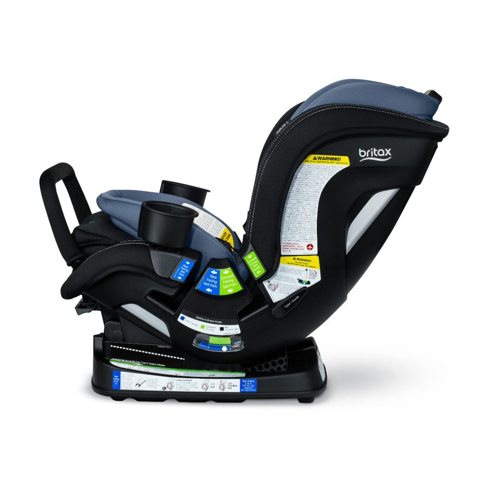 Poplar S car seat from Britax in Arctic and Onyx side and reclined view