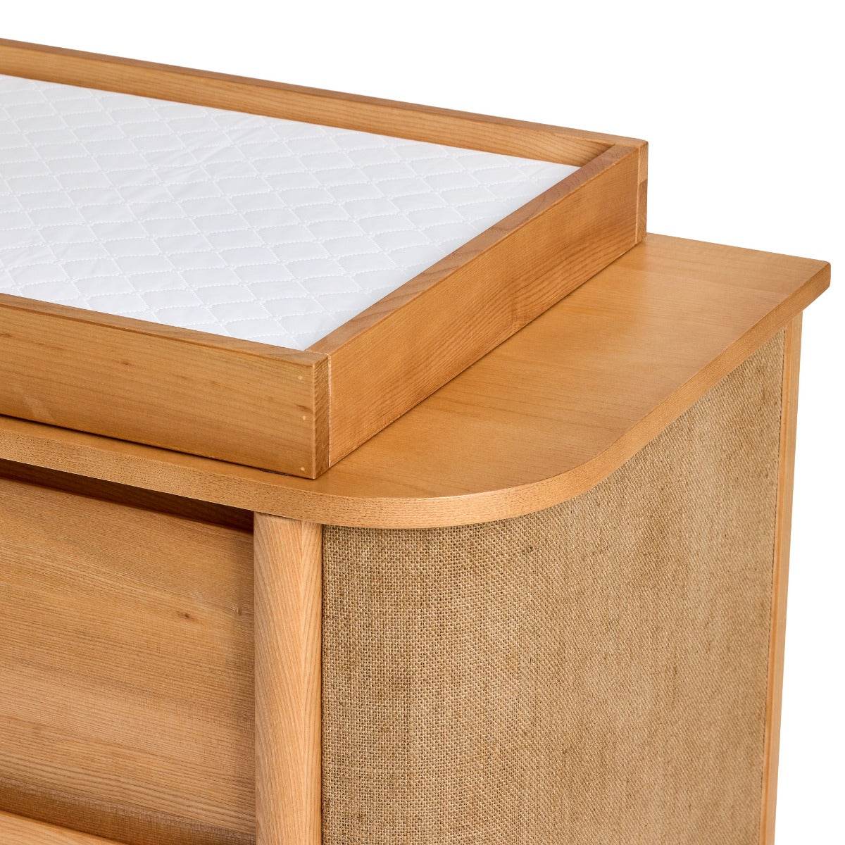 Cariboo Indi Ash timber nappy change tray with change pad on a dresser