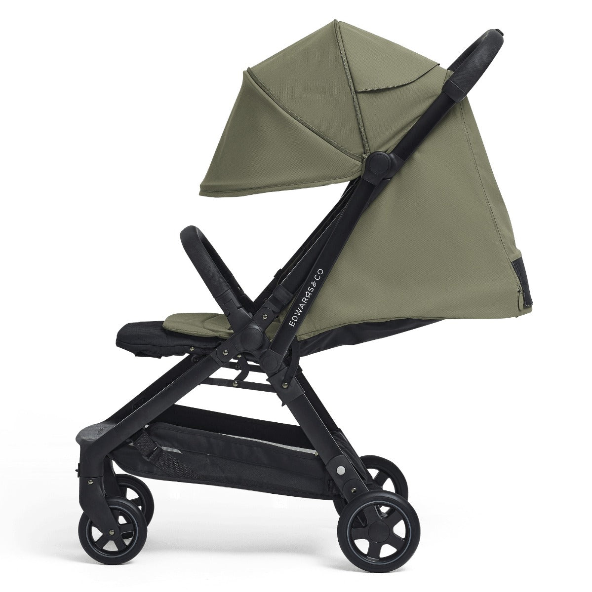 Edwards & co Lucci Stroller in Khaki side view with hood and back lowered
