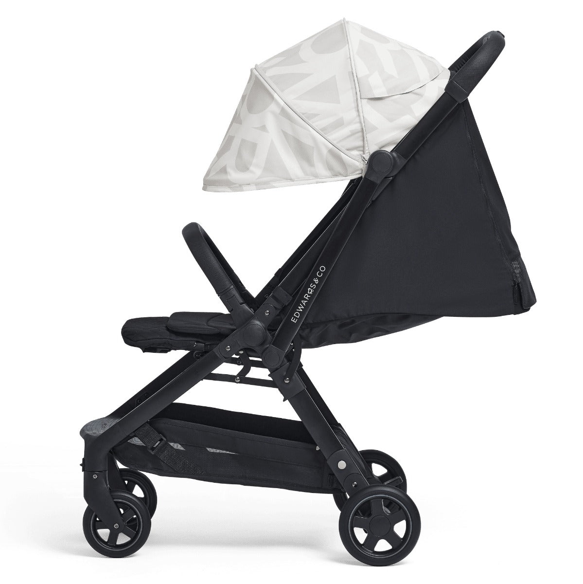 Edwards & co Lucci Stroller in Arctic White with hood up and back dropped
