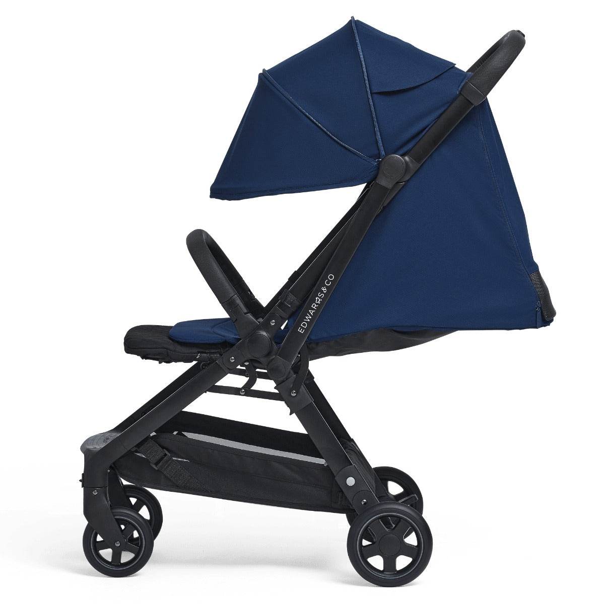 Edwards & co Lucci Stroller in Midnight blue with hood up and back dropped