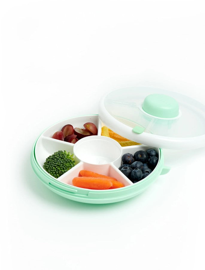 GoBee small snack spinner in teal and white filled with fruits and snacks and open top.