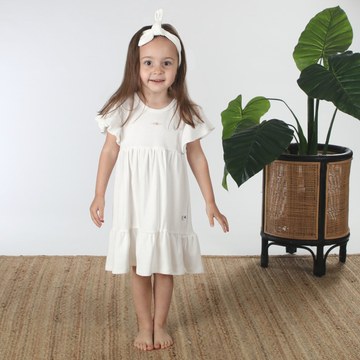 Dimples baby clothing cotton tiered dress in white rose on girl