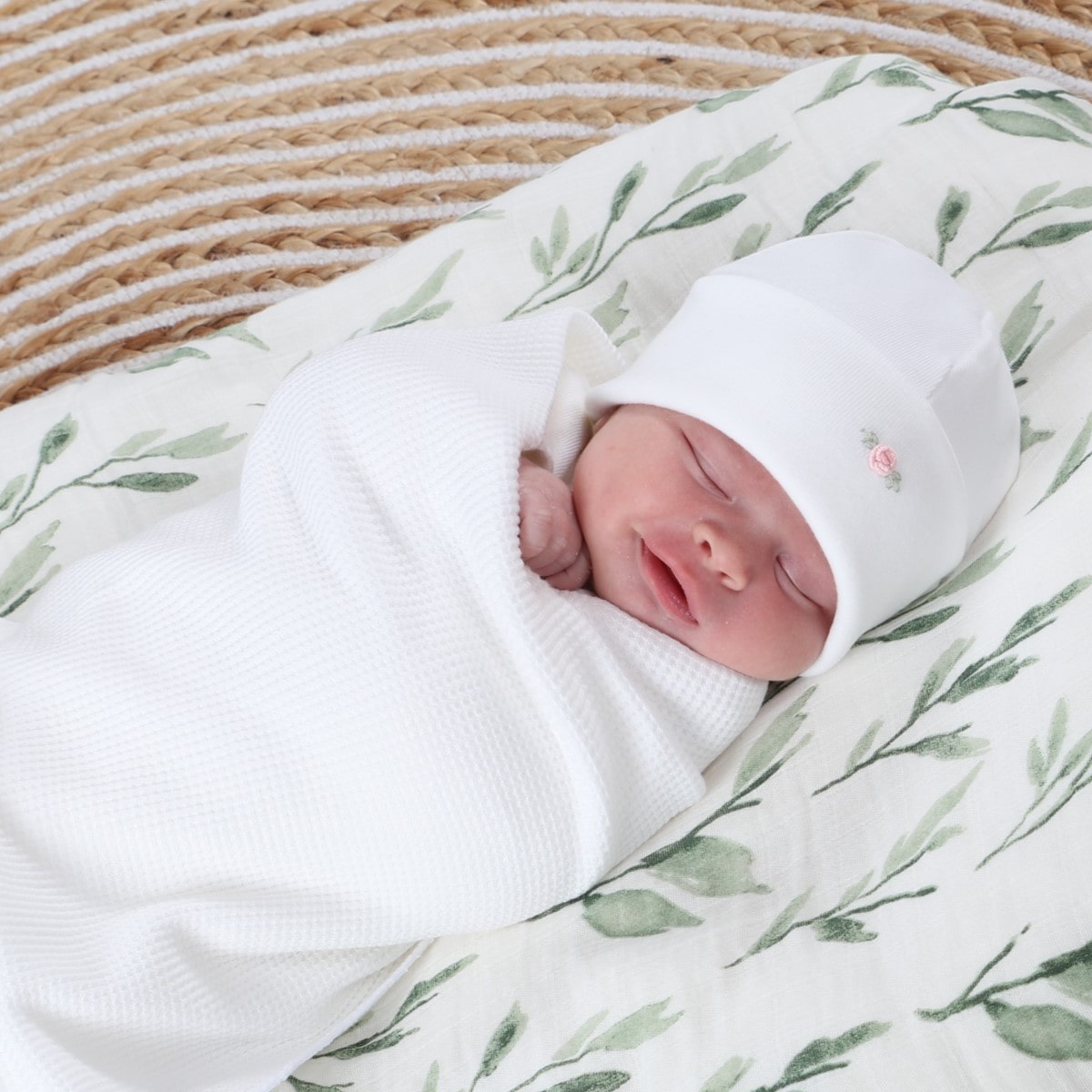 Cotton beanie white rose dimples lifestyle shot