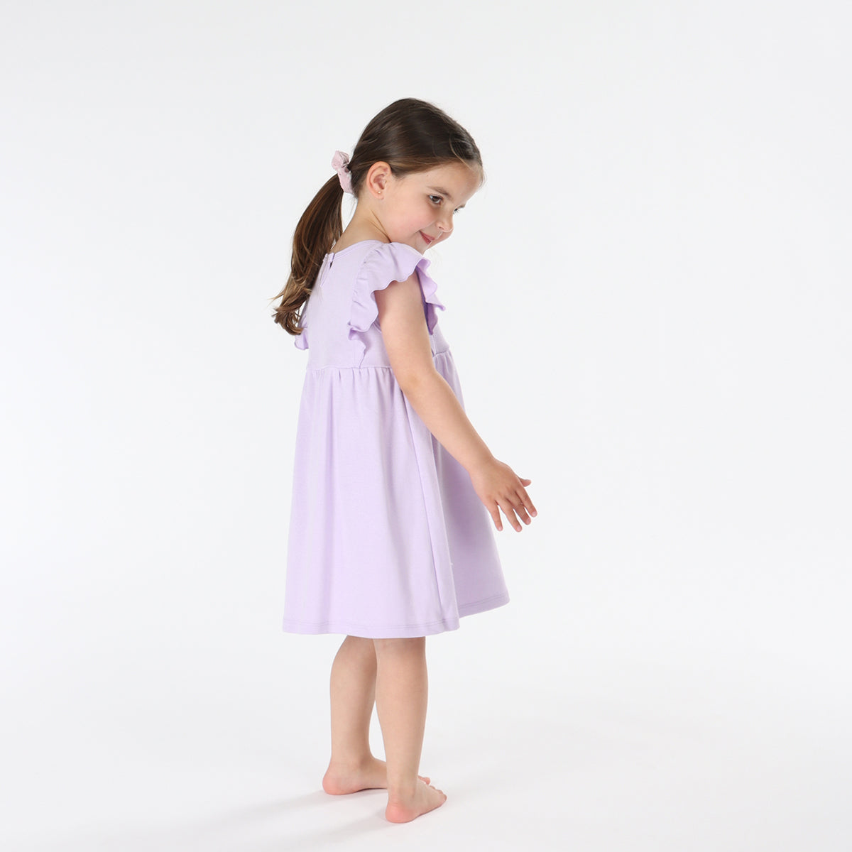 Baby girl wearing Cotton Frill Sleeve Dress in lilac with rose embroidery