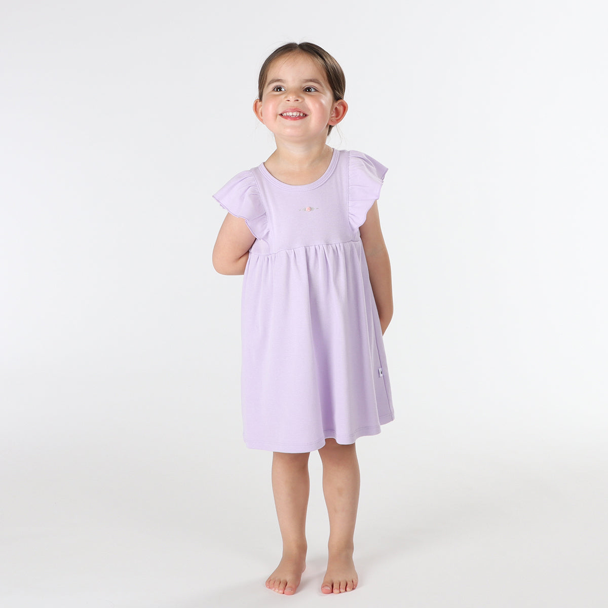 Baby girl wearing Cotton Frill Sleeve Dress in lilac with rose embroidery
