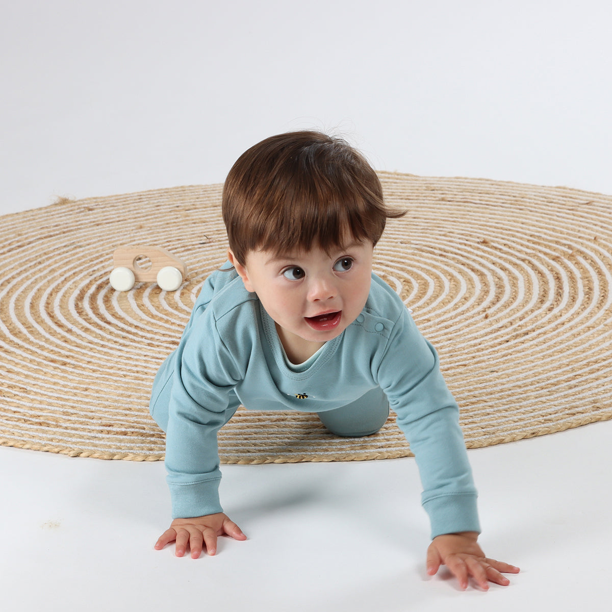 Cotton Jumper for boys in ocean color and bee embroidery