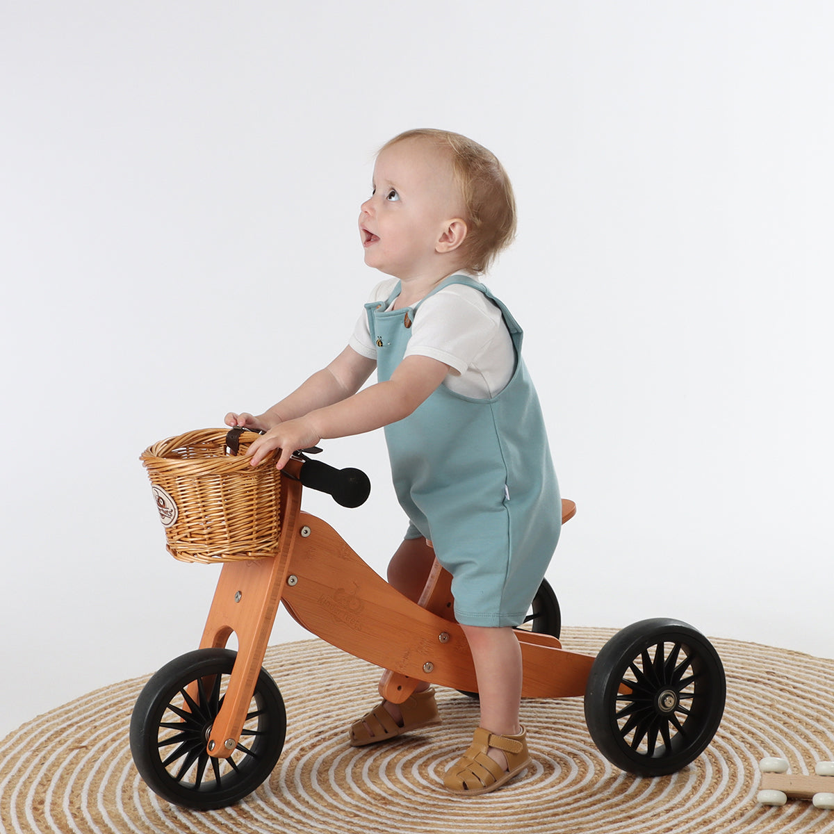Cotton overall front button for baby boys in ocean color with bee embroidery