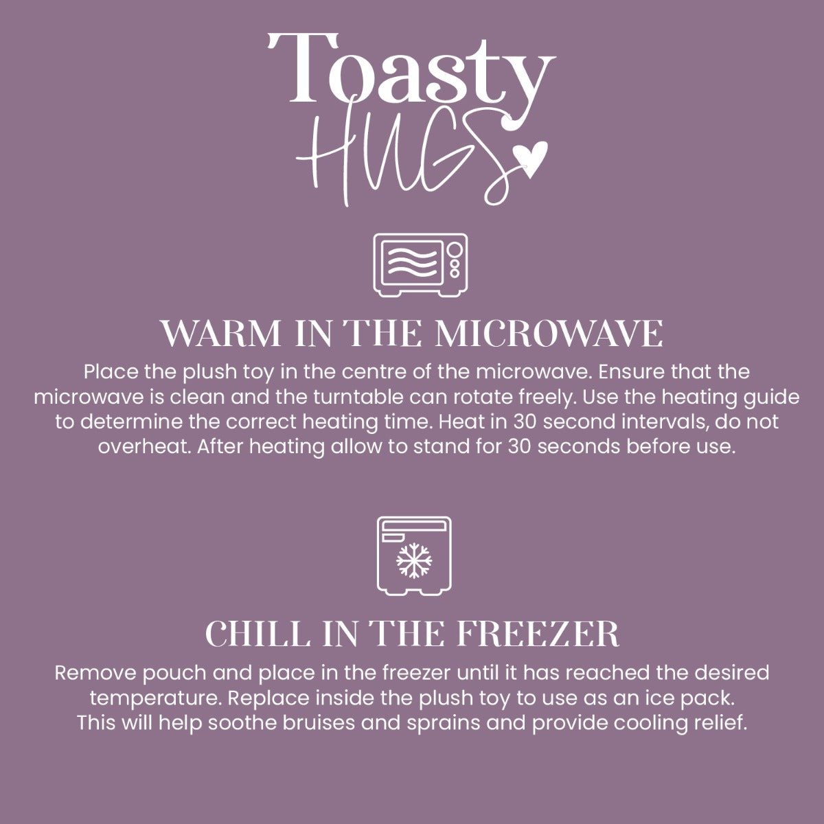 Dragon plush toy from Toasty Hugs with heat pack usage instructions