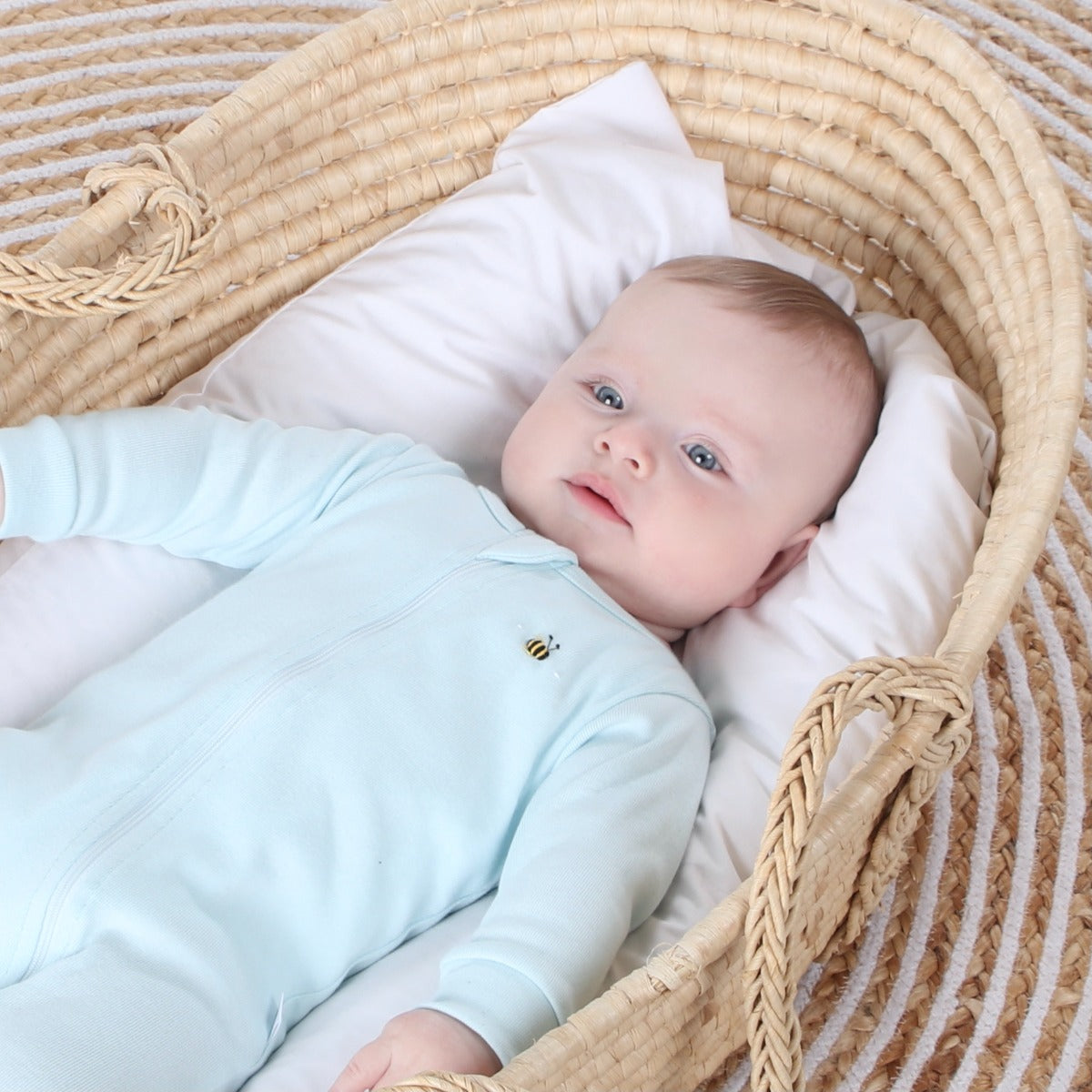 Dimples summer 2022/23 collection pastel skies cotton zip babygrow in Blue bee