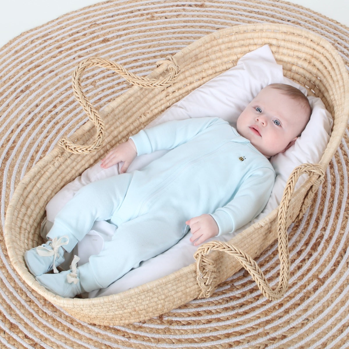 Dimples summer 2022/23 collection pastel skies cotton zip babygrow in Blue bee