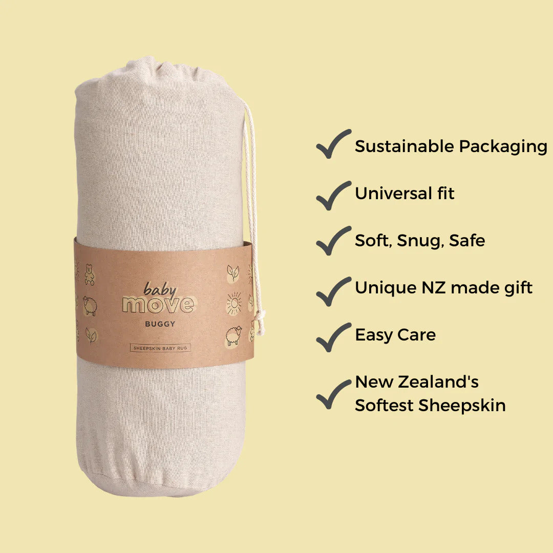 Classic New Zealand Baby Move Sheepskin for stroller packaging and features