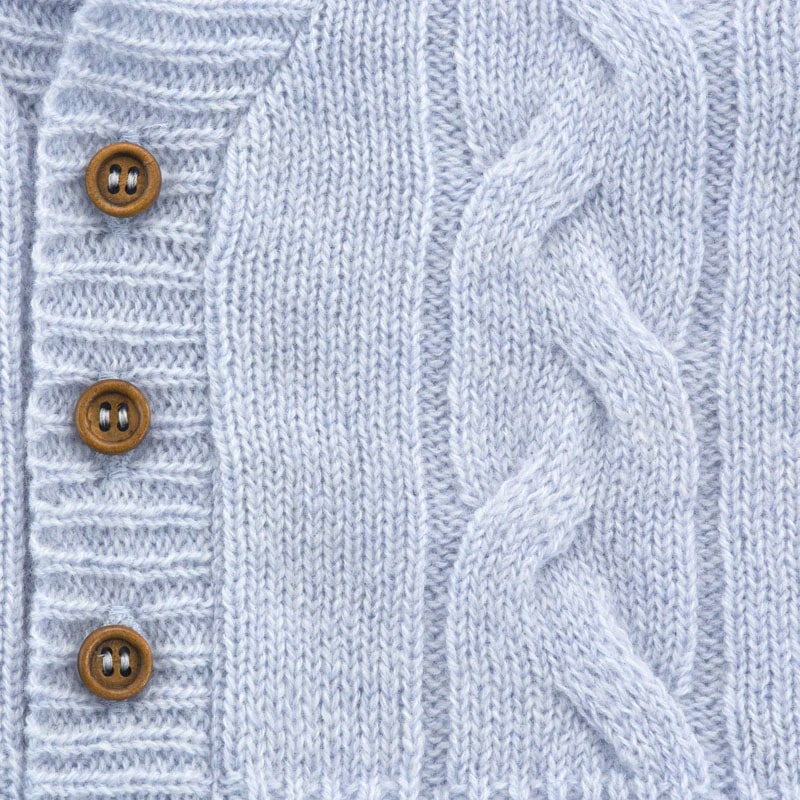 Benmore Cable knit cardigan in sky Blue  Close up