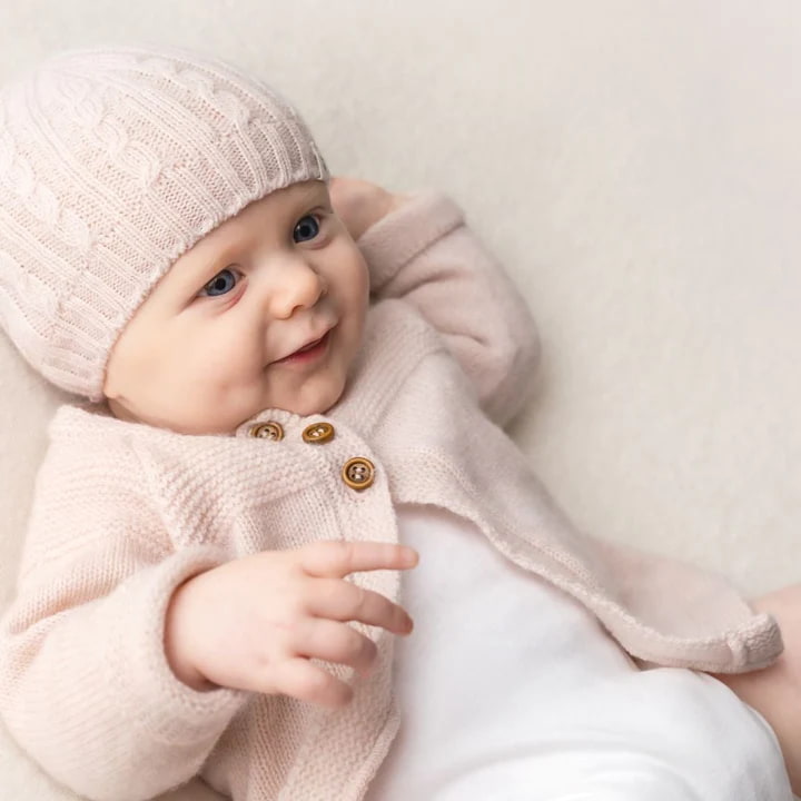  Benmore Dress cardigan in blush Pink on baby