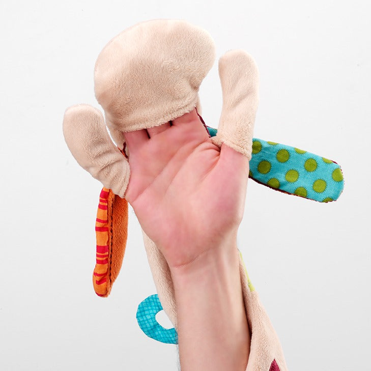Multicolored Jeff Cuddle Puppet from Lilliputiens on hands