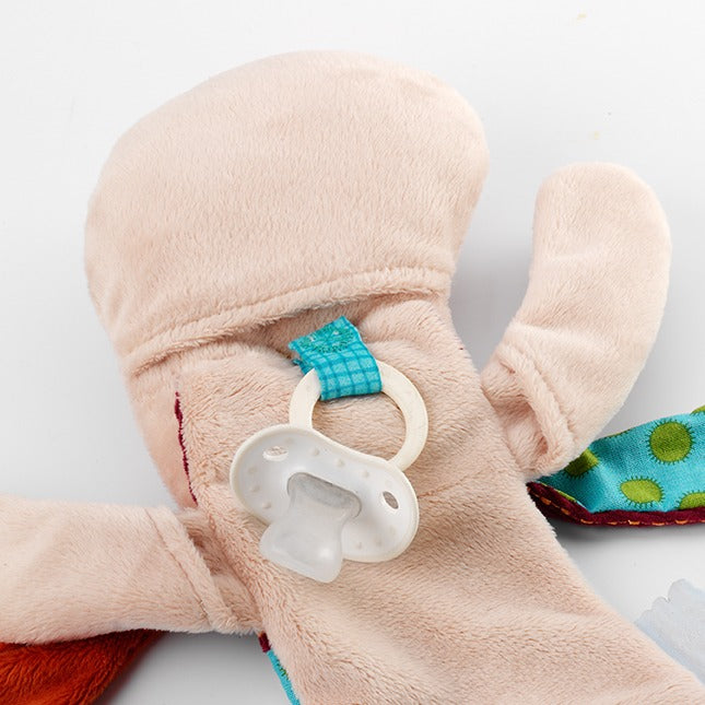 Pacifier connected to Multicolored Jeff Cuddle Puppet from Lilliputiens