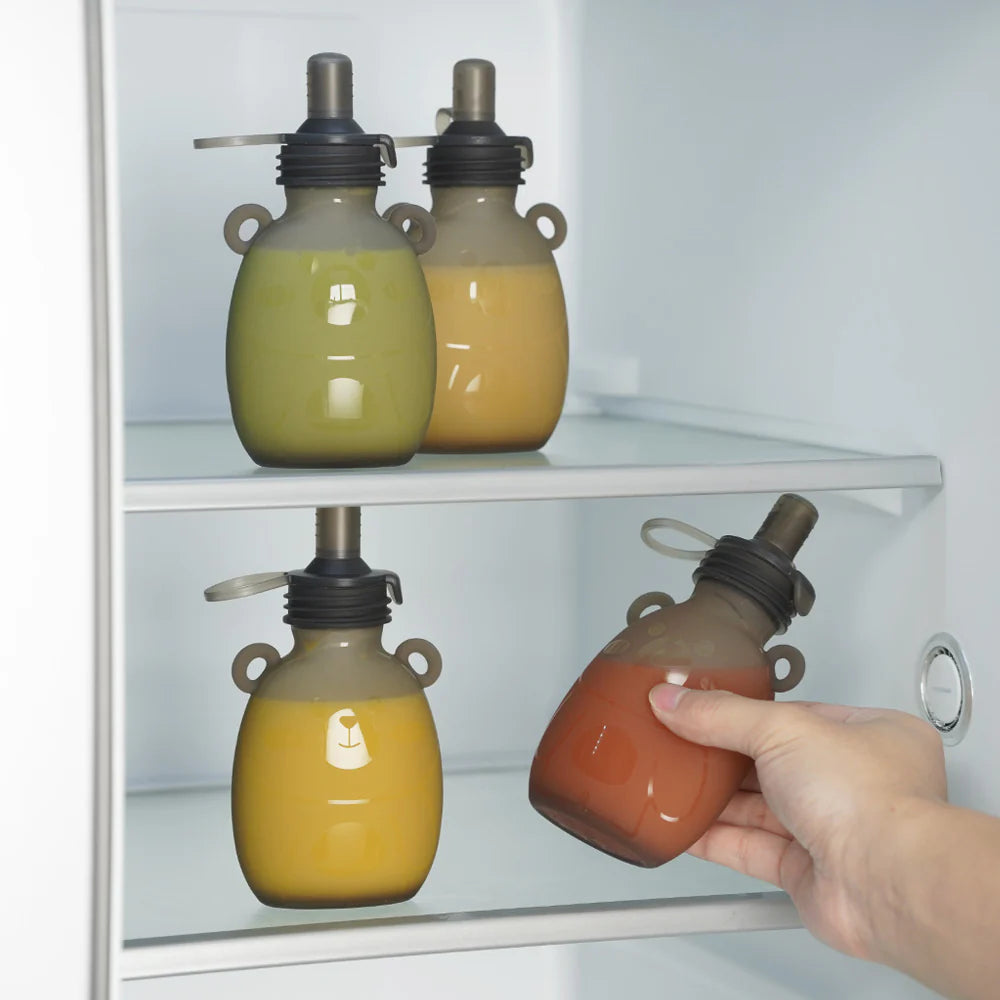 Happii Bear Silicone Goody Pouches in a refrigerator