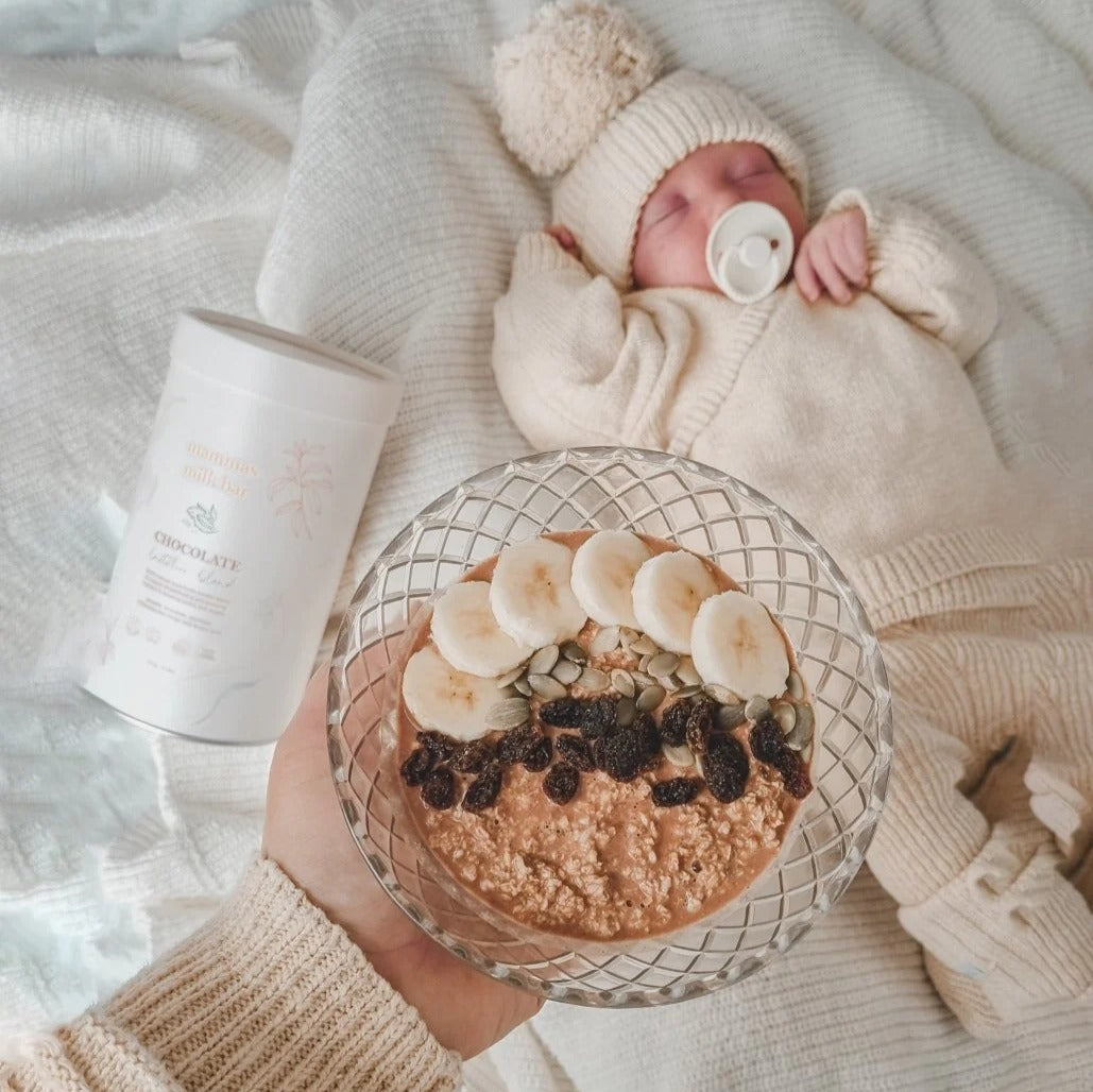 Smoothie bowl made with Mammas milk bar chocolate lactation blend