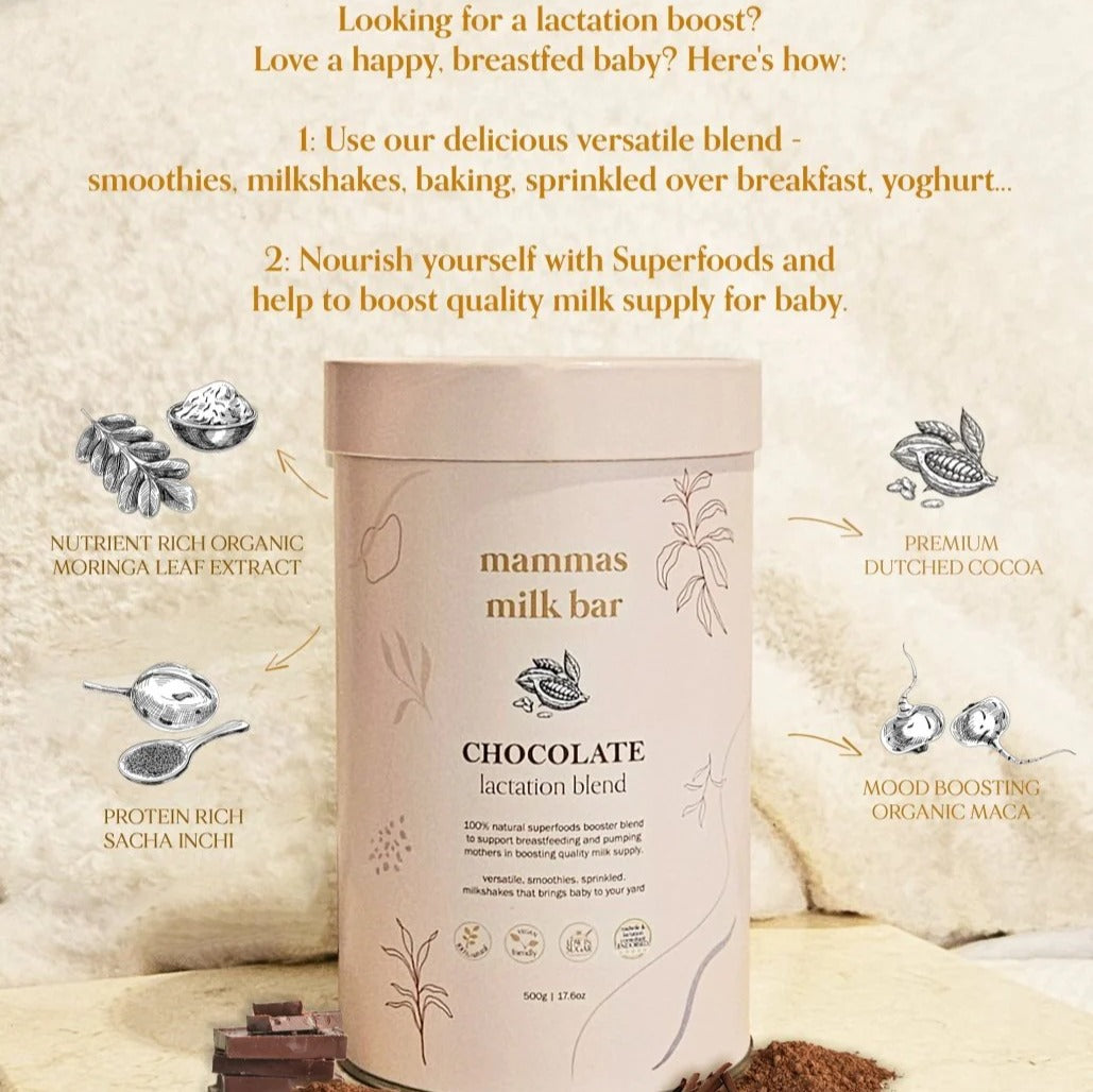 Mammas milk bar chocolate lactation blend tin with ingredients explanation