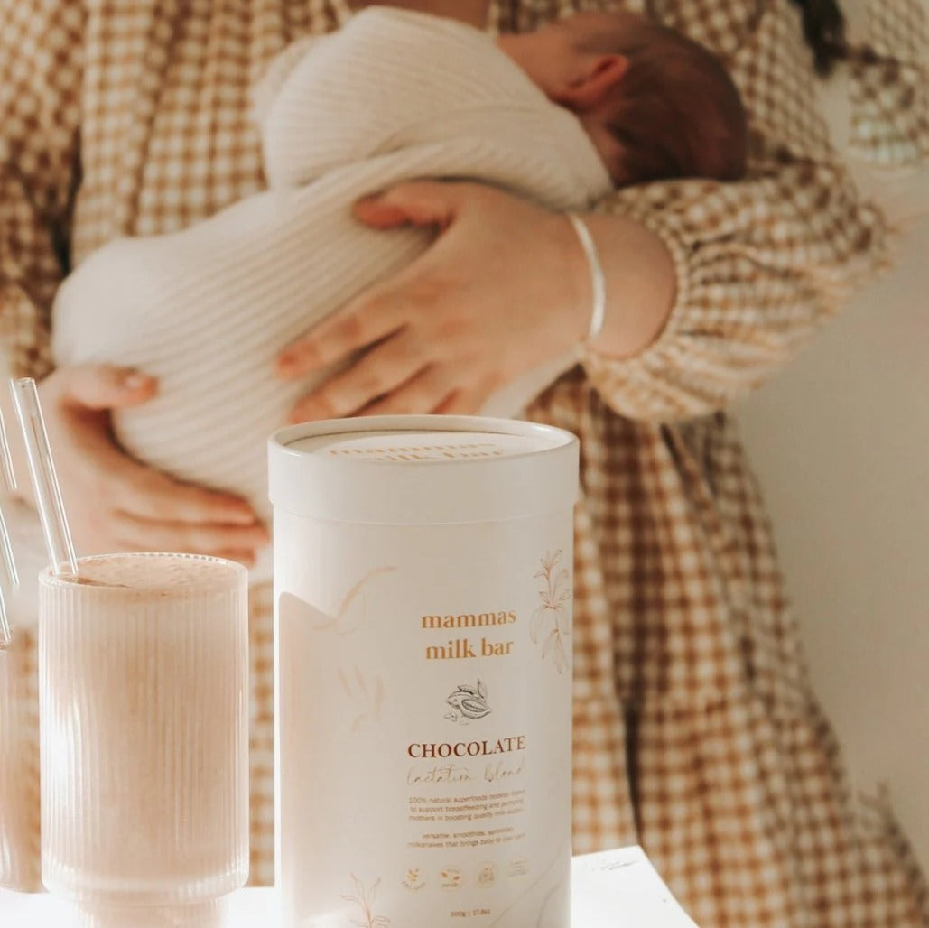 Chocolate drink in a glass made with Mammas milk bar chocolate lactation blend