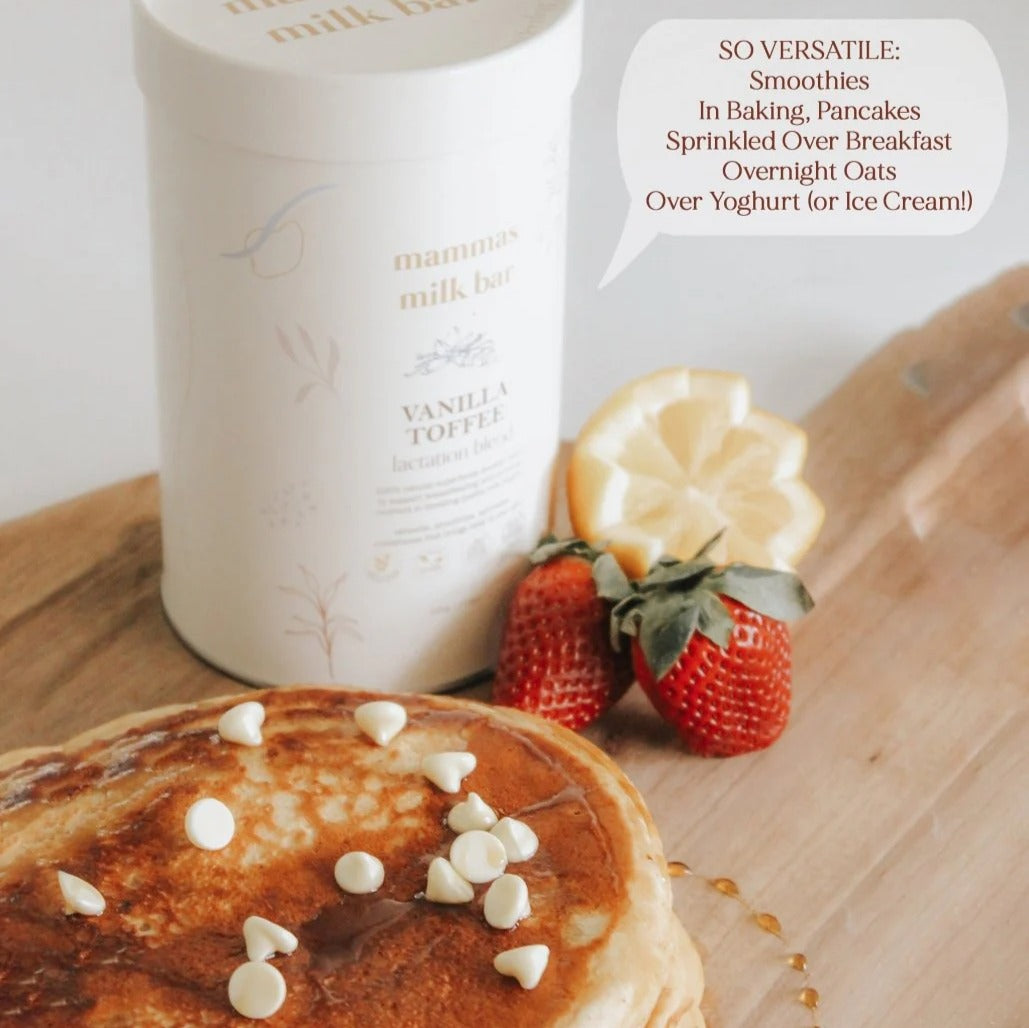 Mammas milk bar vanilla toffee lactation blend in a pancake