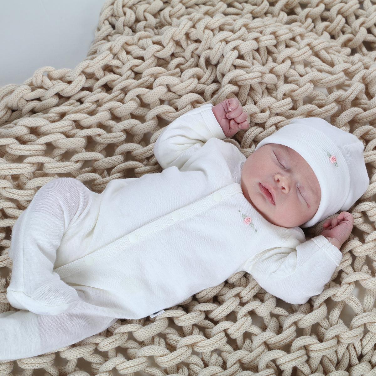 Dimples Classic Merino Newborn baby clothes - babygrow onesie in cream rose