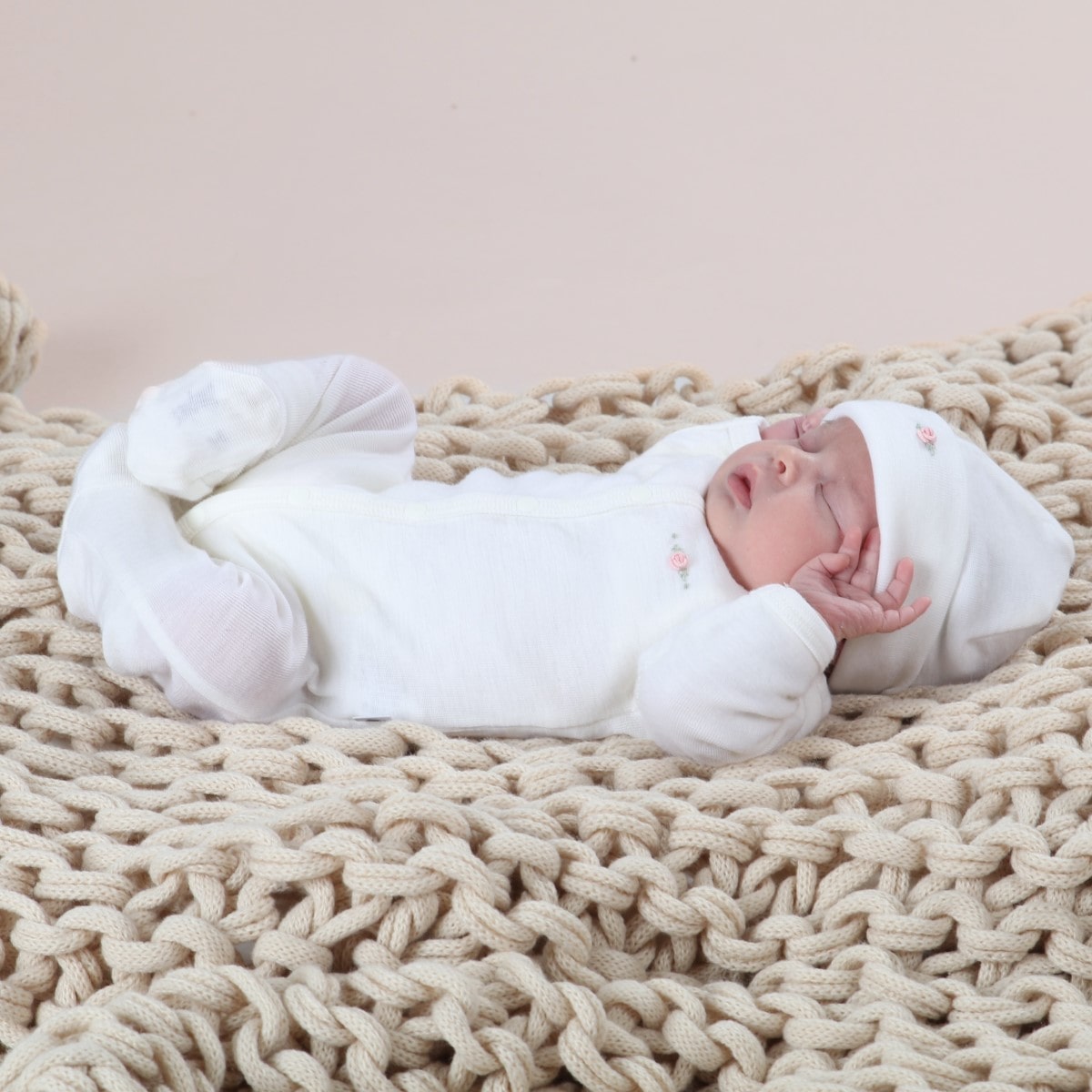 Dimples Classic Merino Newborn baby clothes - babygrow onesie in cream rose