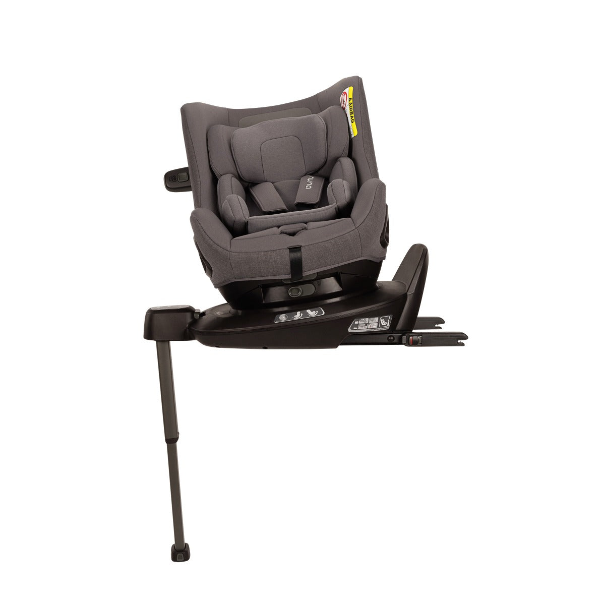 Nuna Pruu car seat attached to a base side view