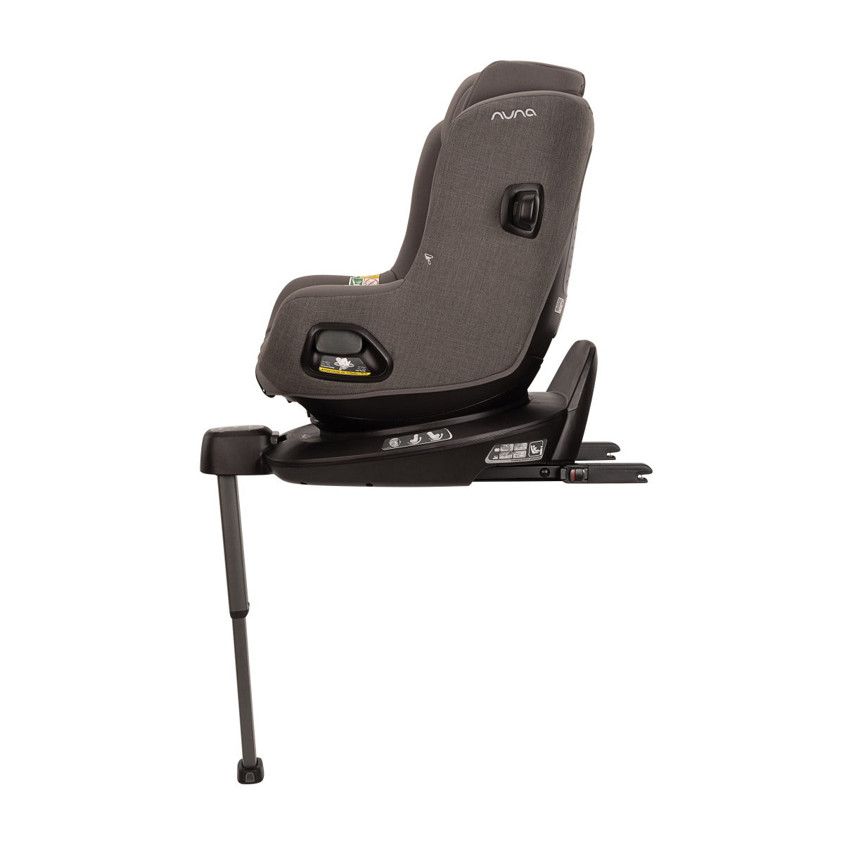 Nuna Pruu car seat attached to a base side view
