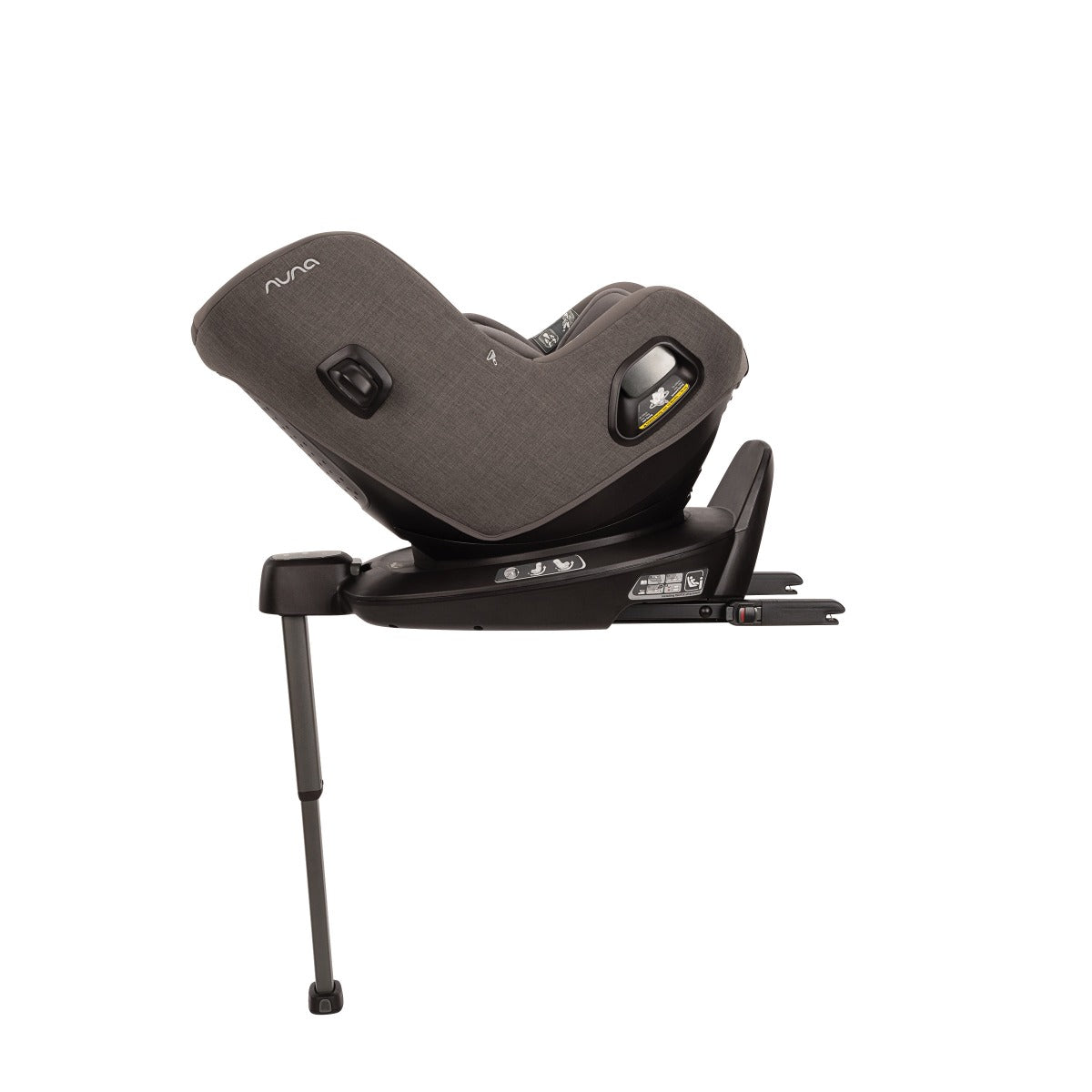 Nuna Pruu car seat attached to a base side view recline position