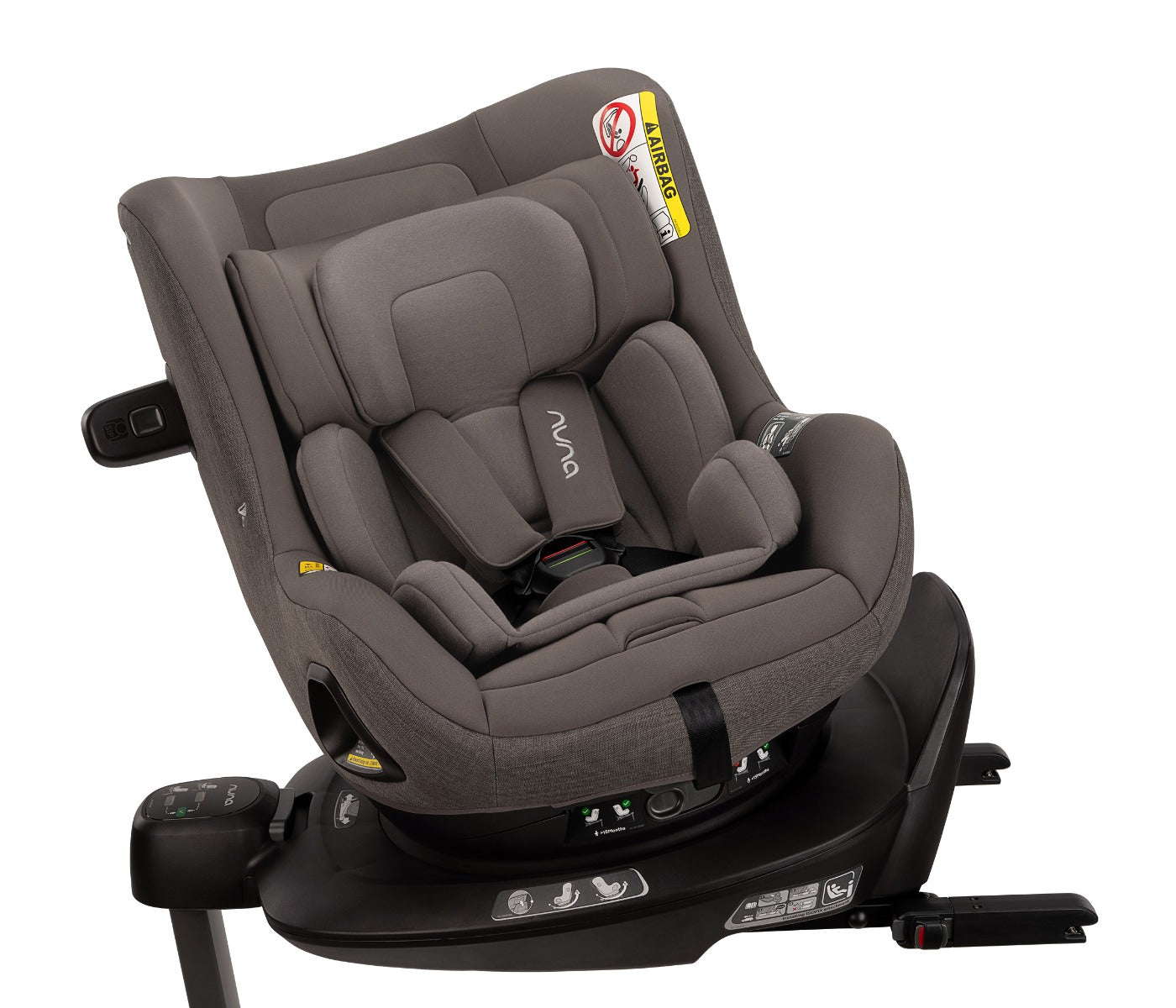Nuna Pruu car seat attached to a base side view close up