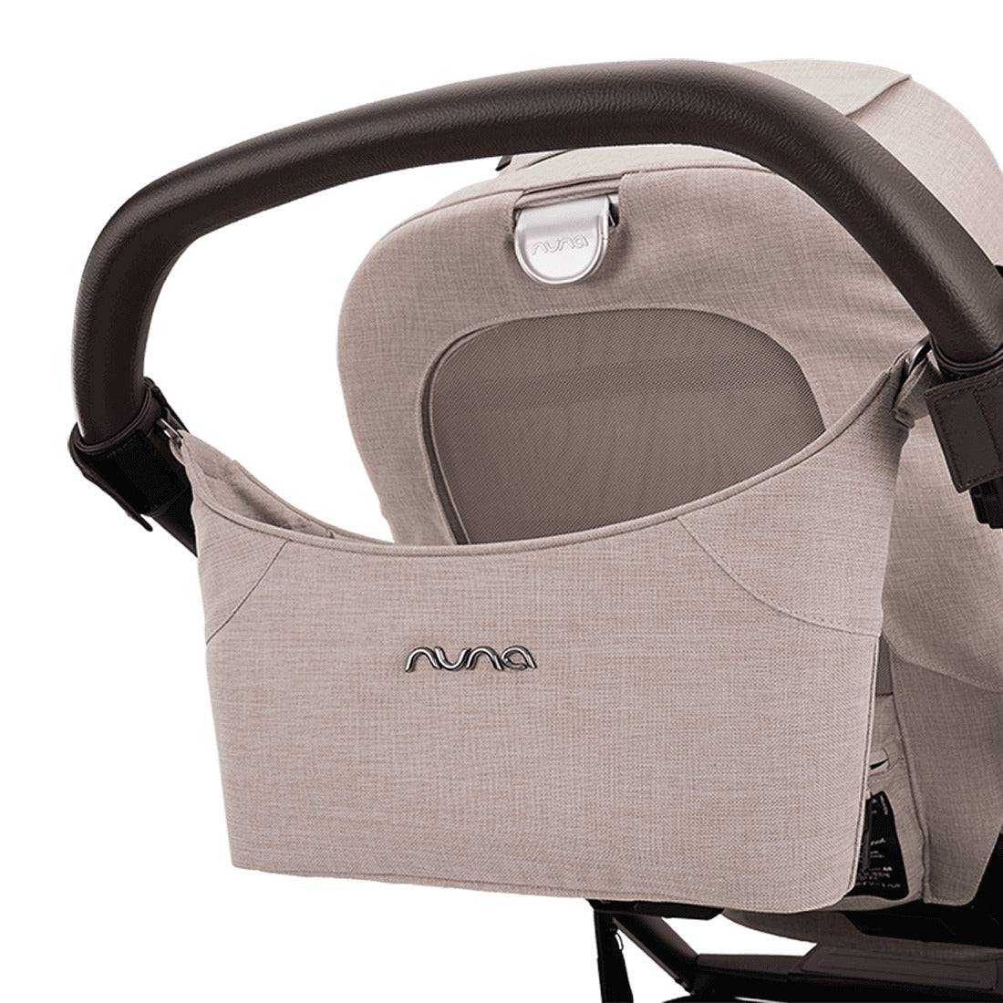 Nuna Stroller organiser in biscotti colour with pouch attached with Minn Next stroller