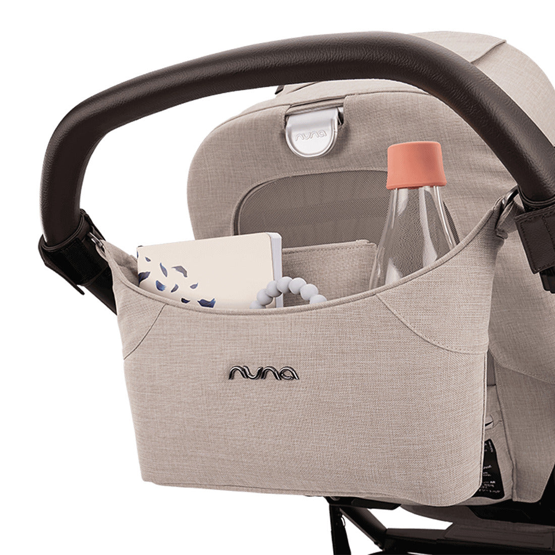 Nuna Stroller organiser in biscotti colour with pouch attached with Mixx Next stroller