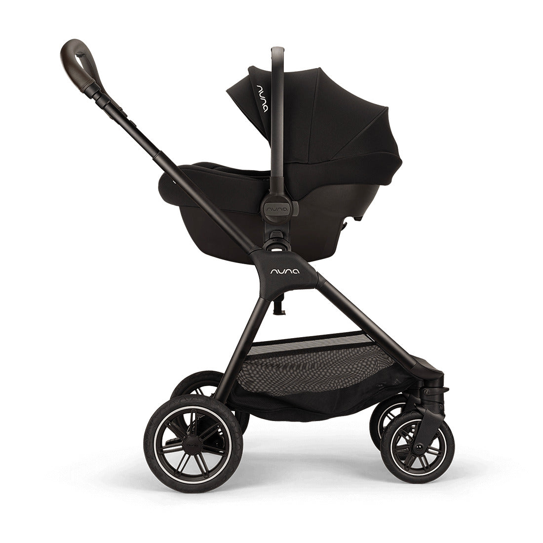 Nuna Triv Next Caviar pram side view attached with Pipa capsule