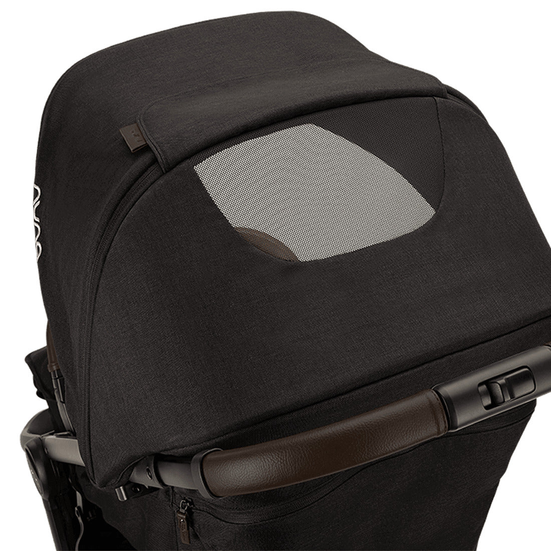 Nuna Trvl Lx in Caviar with Chocolate Handle Bar canopy view