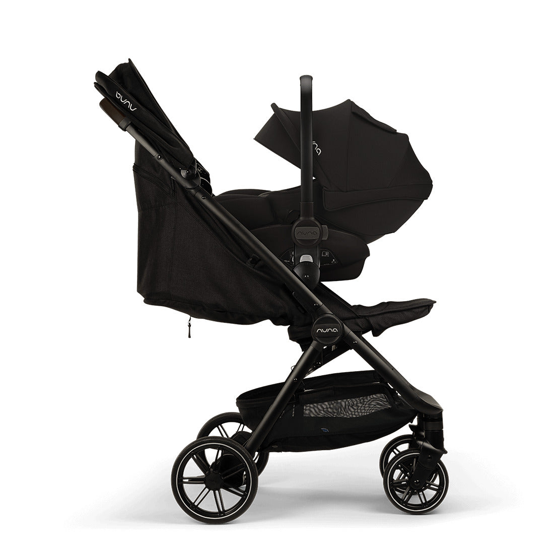 Nuna Trvl Lx in Caviar with Chocolate Handle Bar with pipa next capsule attached