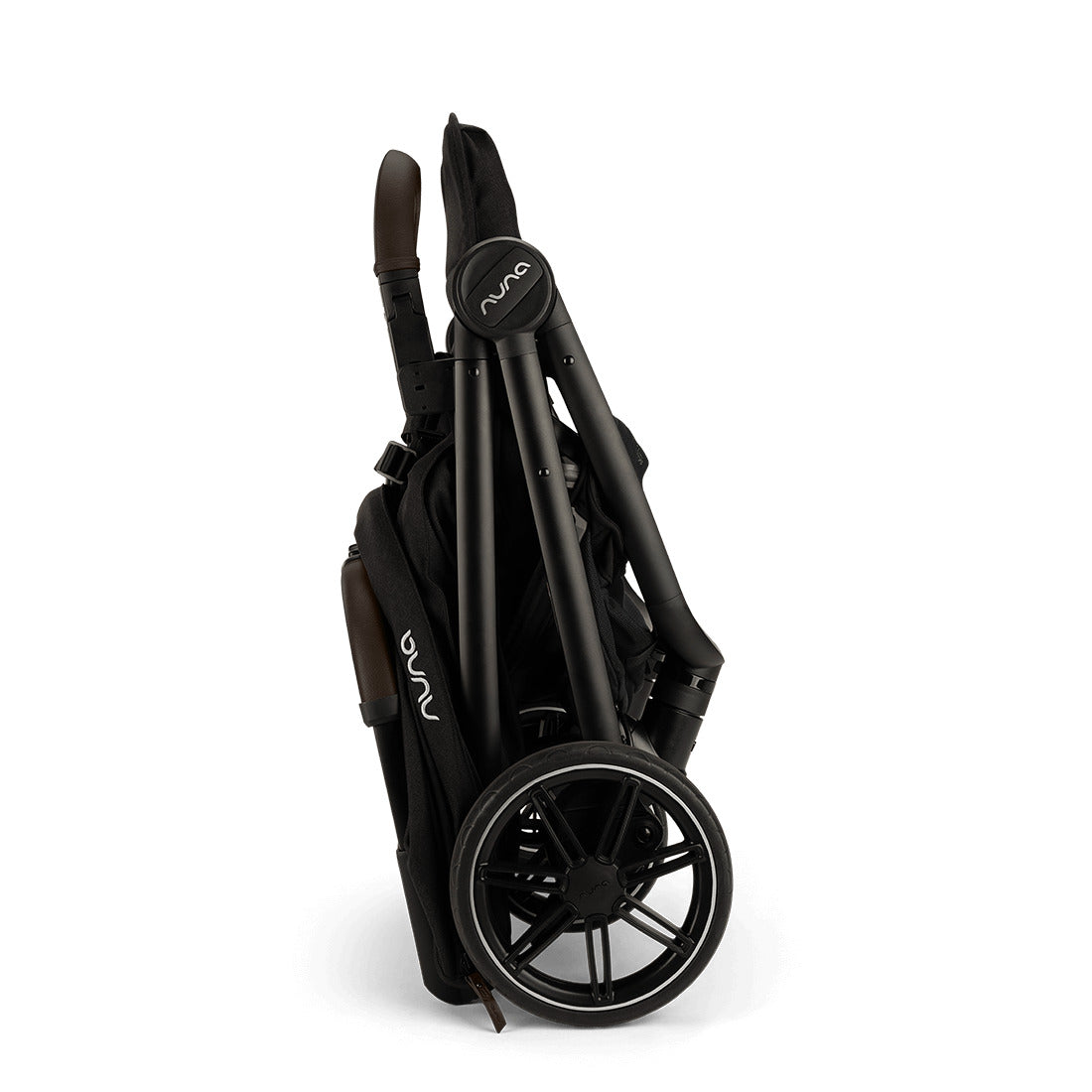 Nuna Trvl Lx in Caviar with Chocolate Handle Bar folded