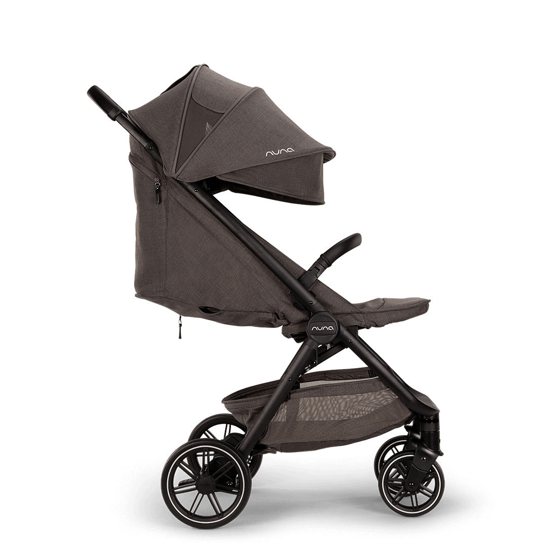 Nuna Trvl Lx Pram in Thunder, reclined position side view
