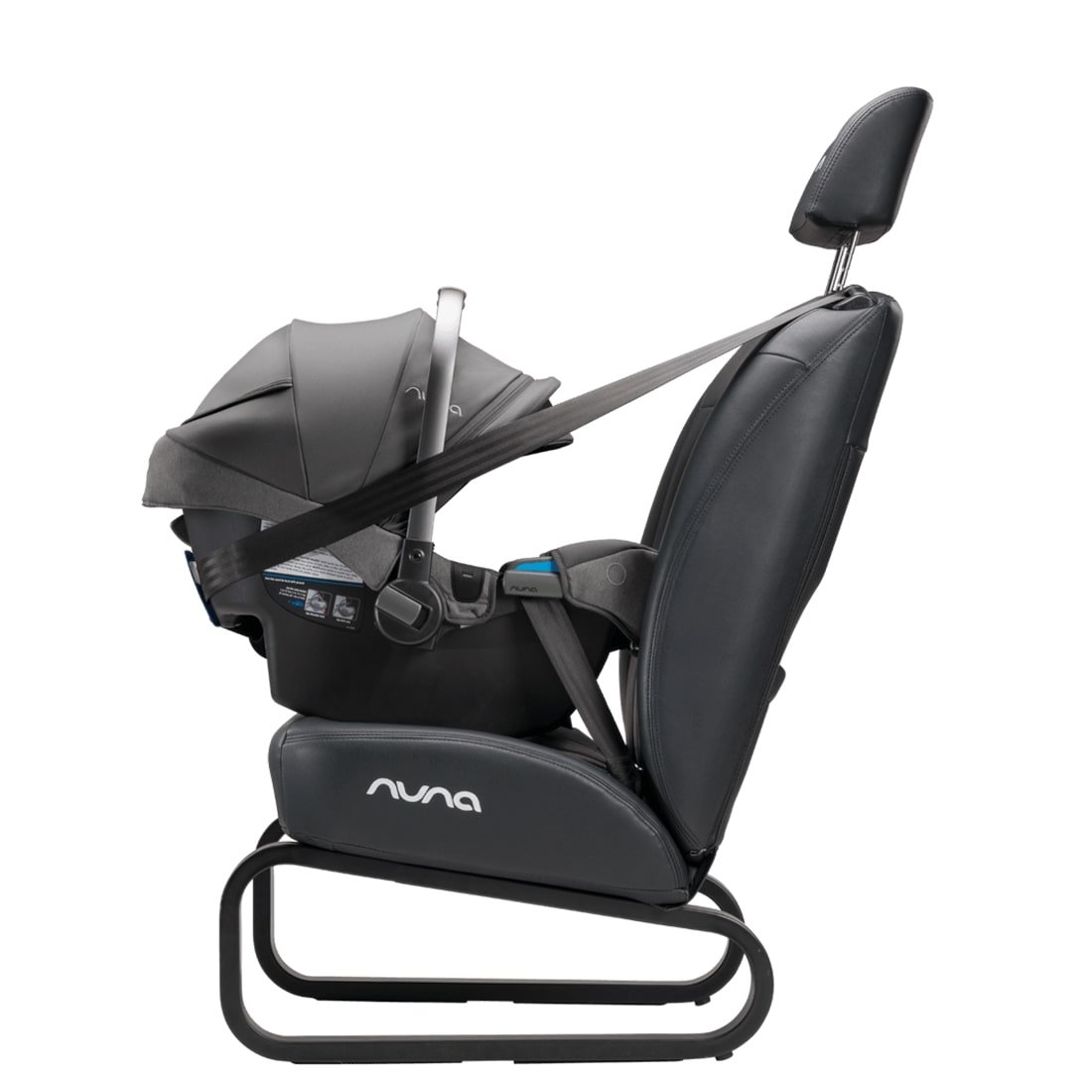 Nuna Pipa RX car seat capsule and relx Base in Granite installed on car seat