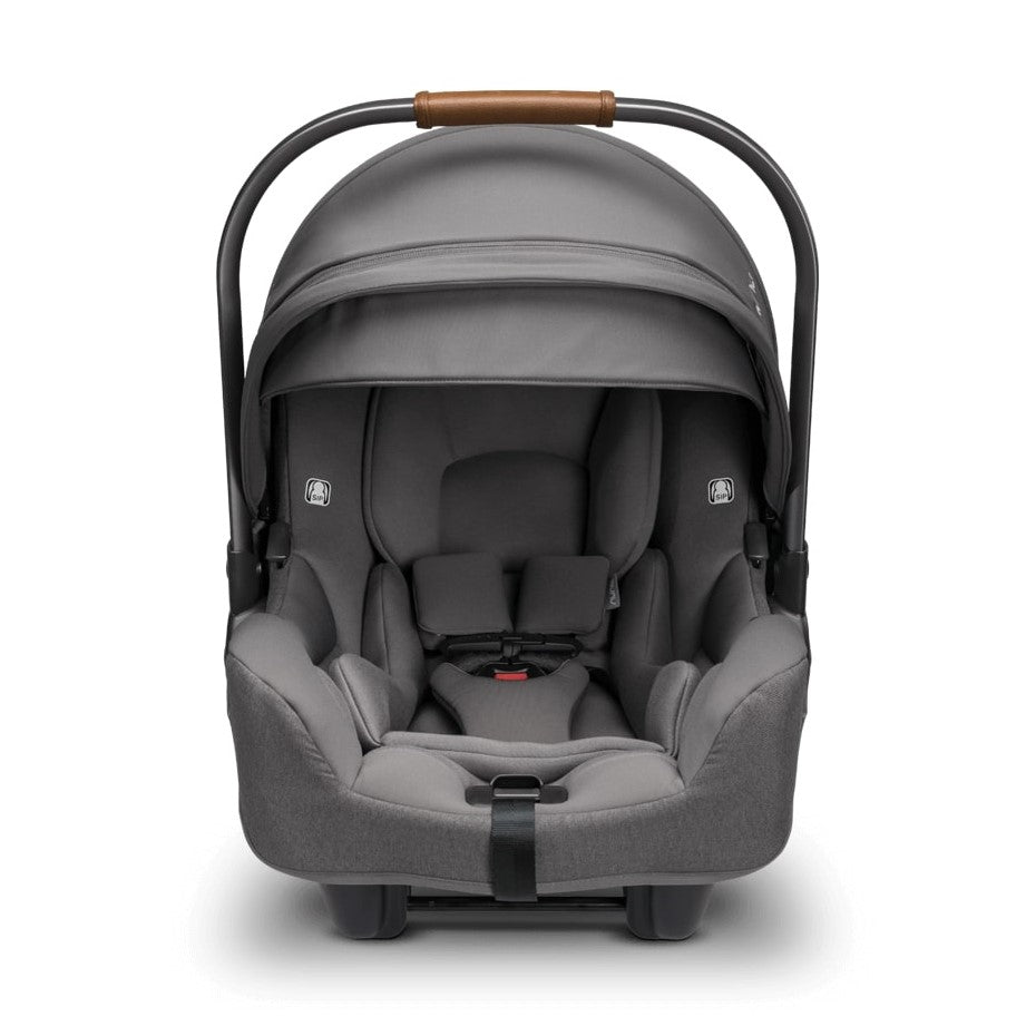 Nuna Pipa RX car seat capsule and relx Base in Granite front view with hood up