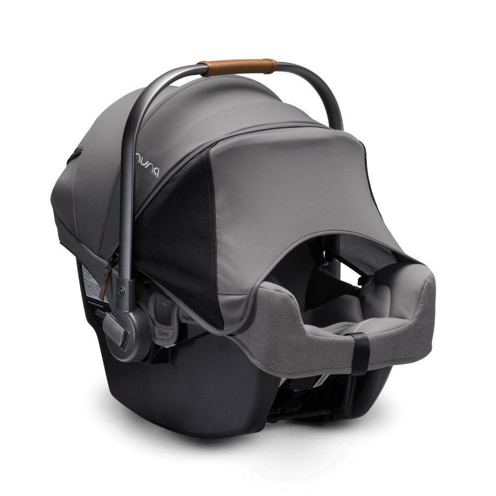 Nuna Pipa RX car seat capsule and relx Base in Granite side view 