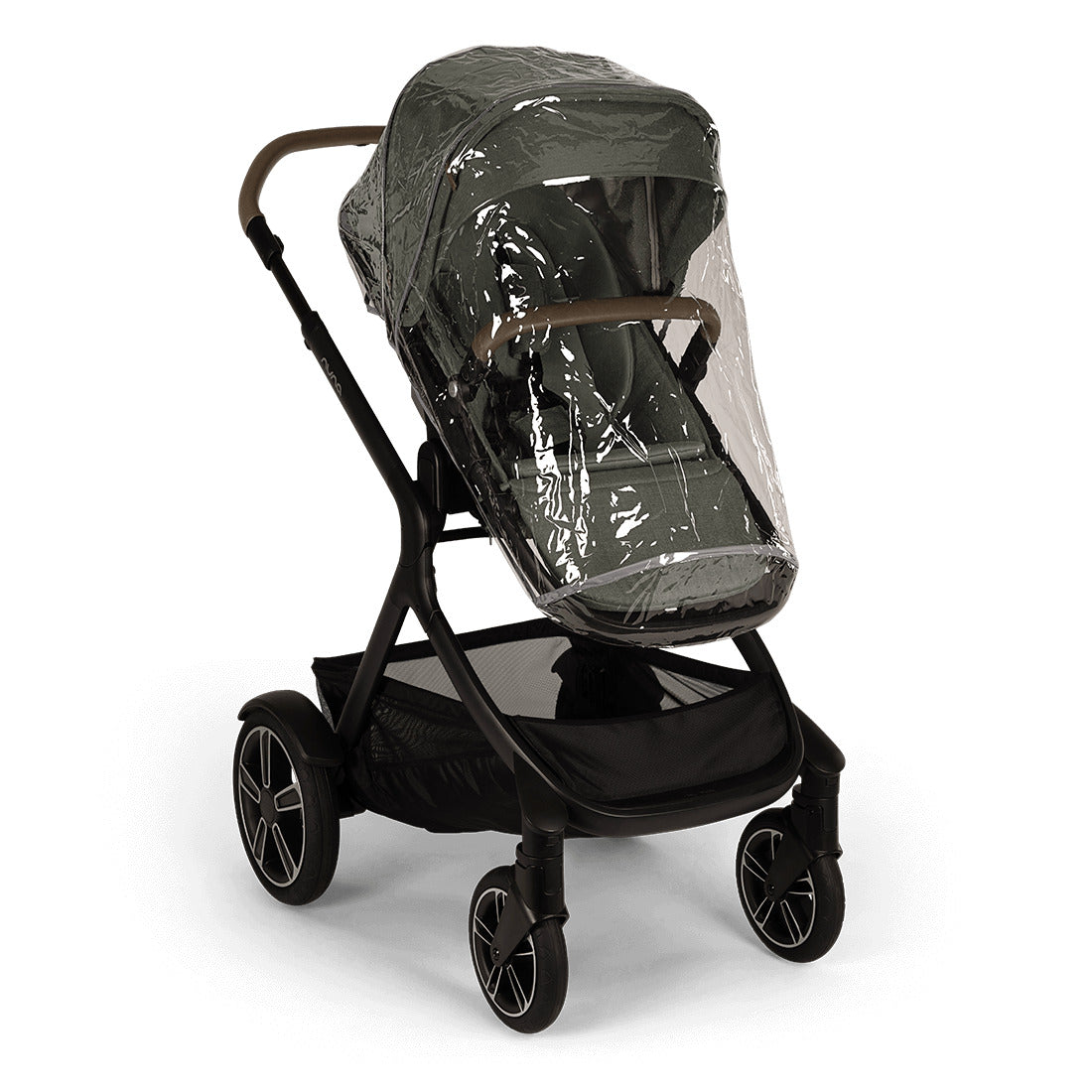 Demi Next pushchair front view in Pine Colour from Nuna with rain cover