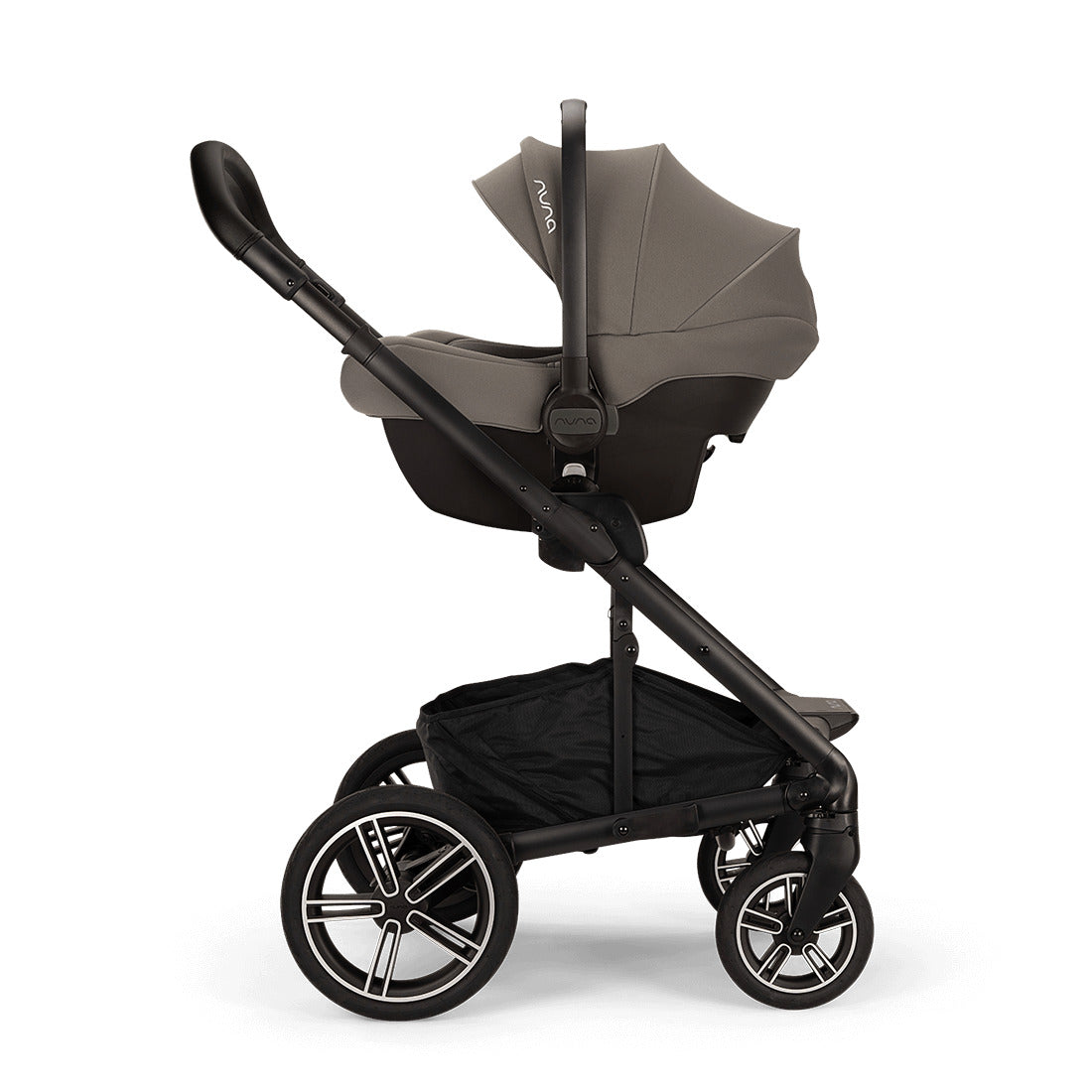Nuna Mixx Next Stroller with chocolate handle side view with attached pipa next capsule
