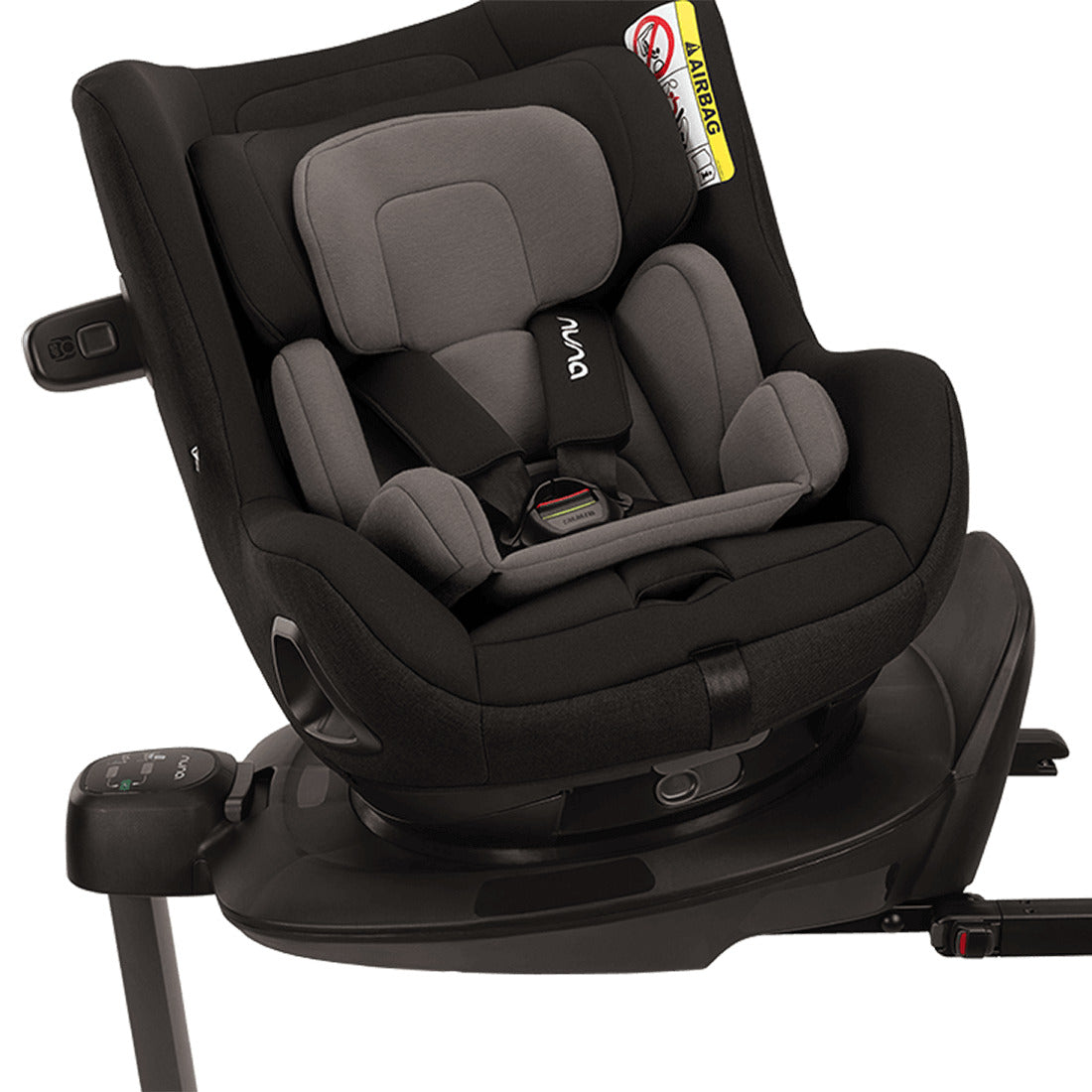 Pruu car seat in caviar from view attached with a base close view