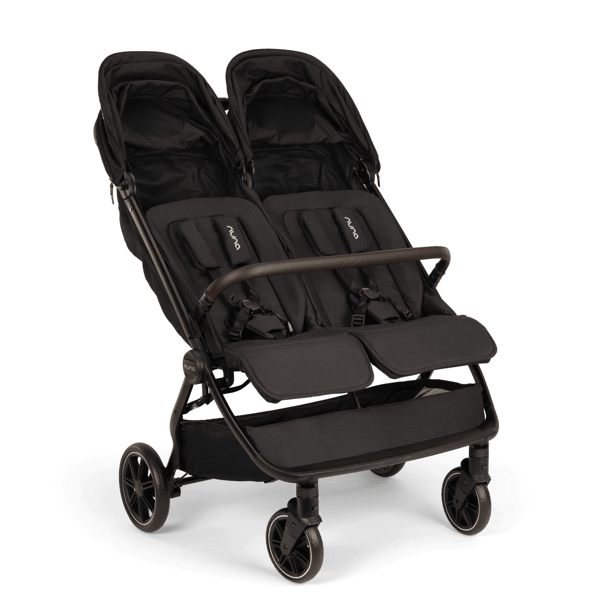 Nuna TRVL Dubl Caviar with hoods folded back