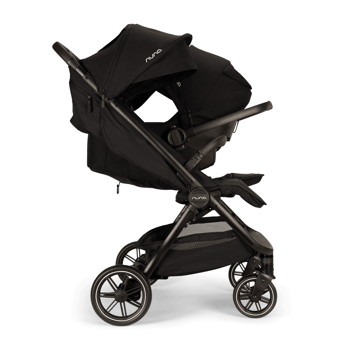 Nuna TRVL Dubl Caviar side profile with car seat attached