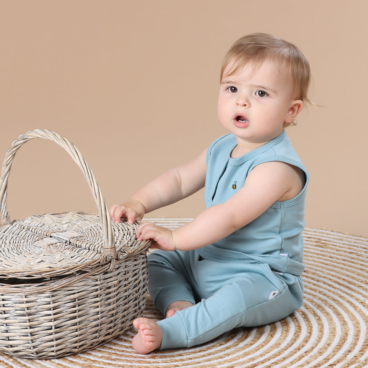 Baby wearing Cotton sleeveless singlet and pants with bee embroidery