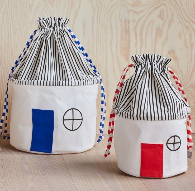 Optic Blue Koya Storage Basket (large) and the Cherry Red Koya Storage Basket (small)