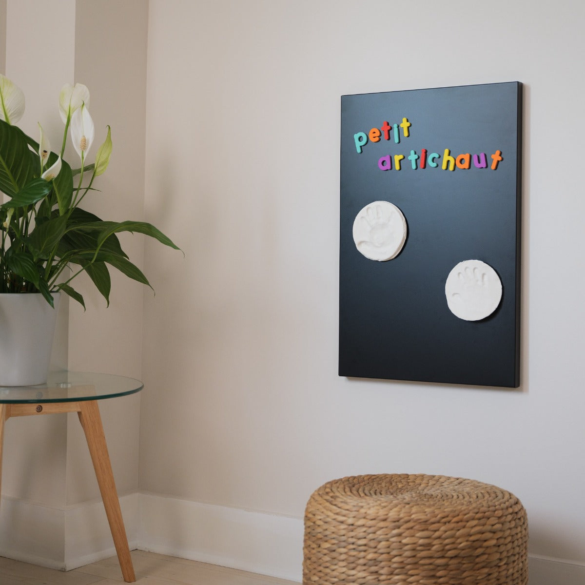 Petit Artichaut 2 Magnetic Keepsakes siblings hand print on a board